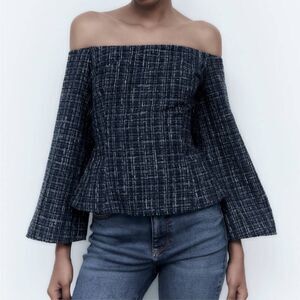 Zara Women's Blue Tweed Textured Off the Shoulder Top Long Sleeve Size Small